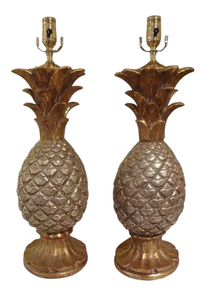 1960s Vintage Italian Gilt Terra Cotta Pineapple Lamps - a Pair