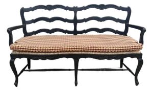 Fremarc Attributed Custom French Provincial Black Ladder-Back Rush Seat Settee