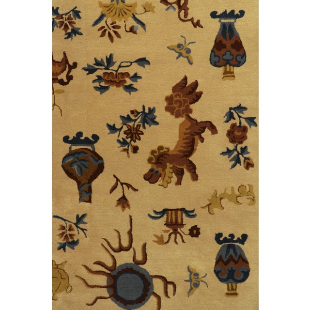 Textile Antique Hooked Rug Gold, Blue and Beige-Brown Chinese Pictorial Style For Sale - Image 7 of 9