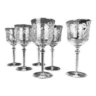 Set of Six Wine Glasses Cut and Etched by Rock Sharpe-Burleigh Pattern For Sale