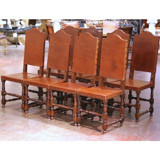 Late 19th Century 19th Century Spanish Oak Dining Chairs With Leather, Set of 8 For Sale - Image 5 of 14