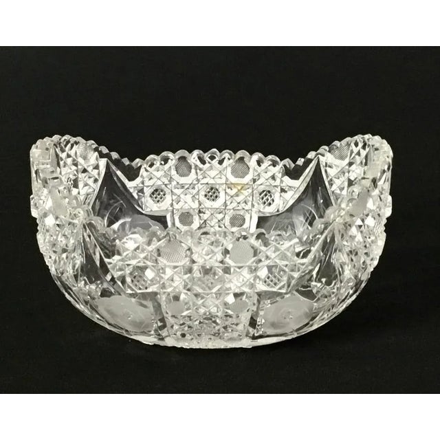 American brilliant period (1880-1920)-cut glass Oval fruit bowl -scalloped top -decorated with small crosshatched hob...