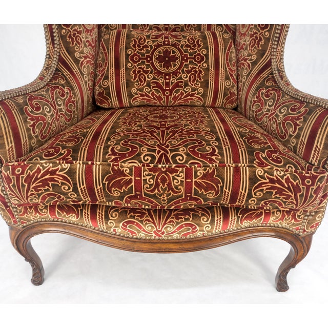 Red Gold Brass Tacks Upholstery Carved Mahogany Base Legs Large Wing Chair For Sale - Image 9 of 12
