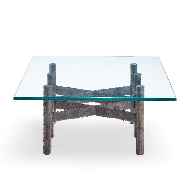 Paul Evans Brutalist Mid Century Patinated Steel and Bronze Coffee Table This coffee table measures: 36 wide x 36 deep x...