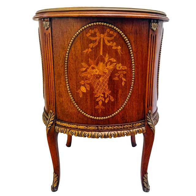 Louis XVI Style Round Gueridon Commode Tables With Carrara Marble & Floral Marquetry - A Pair For Sale - Image 12 of 18