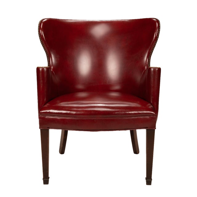1950s 1950s Burgundy Red Vinyl Wingback Studded Library Club Chair For Sale - Image 5 of 13