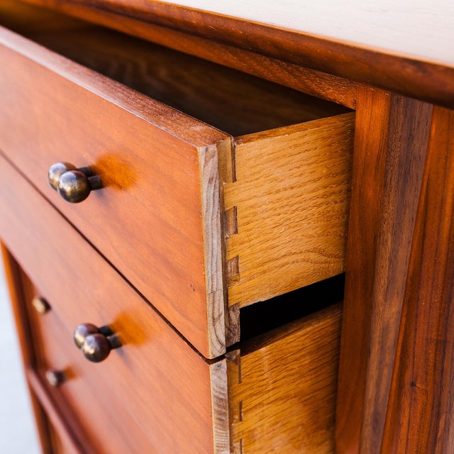 Mid-Century Modern Restored 1950s Mount Airy Walnut & Brass Sculptural Mid Century Highboy Dresser, Attributed For Sale - Image 3 of 14