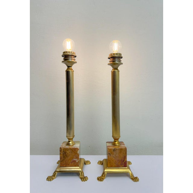 Gold Classic Brass and Onyx Marble Column Table Lamps, France, 1960s, Set of 2 For Sale - Image 8 of 12