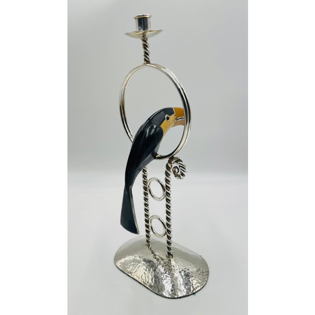 Silver 1980s Emilia Castillo Silver-Plated Toucan Candlestick With Onyx Inlay, Taxco Mexico For Sale - Image 8 of 18