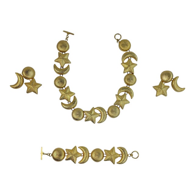 1970s Christian Dior Celestial Sun Moon & Stars Parure Necklace, Bracelet & Earrings - 4 Pieces For Sale