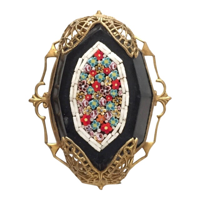 Late Victorian Italian Micro-Mosaic on Black Onyx Brooch For Sale