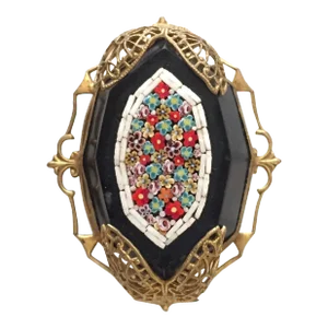 Late Victorian Italian Micro-Mosaic on Black Onyx Brooch