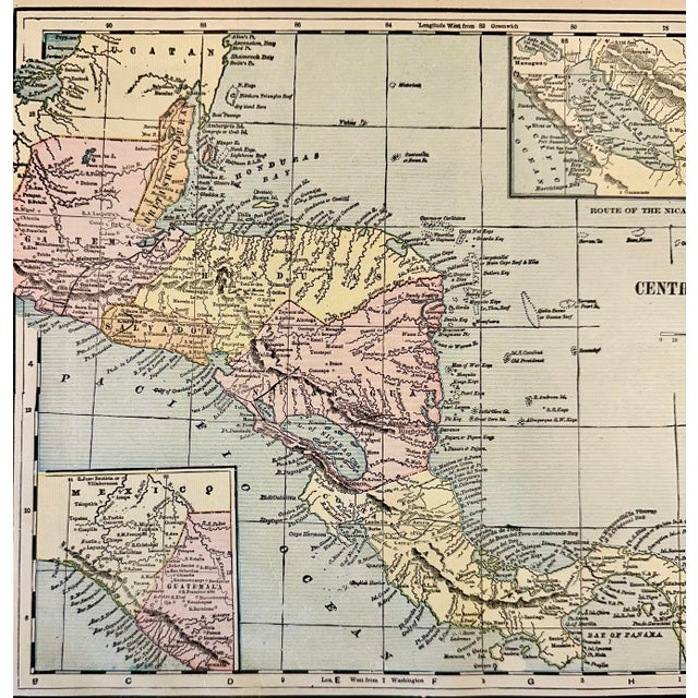 Original engraving by Cram from Cram's Unrivaled Atlas of the World, 1889. Highlights countries including Guatemala,...