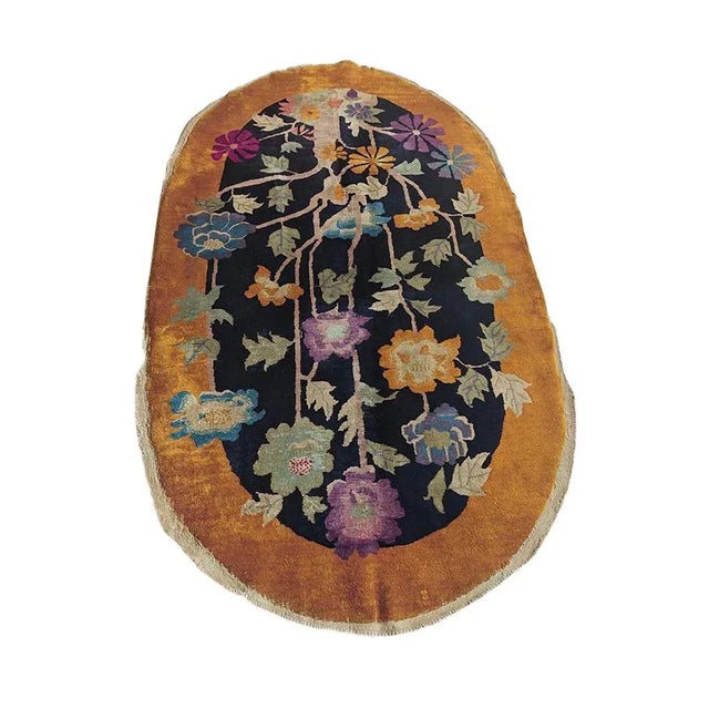 Antique Chinese Art Deco Rug, Size: 4'2"x6'10" Antique Floral Wool Hand Knotted Pile Black 1920s Rug, Circa Date: 1920s....