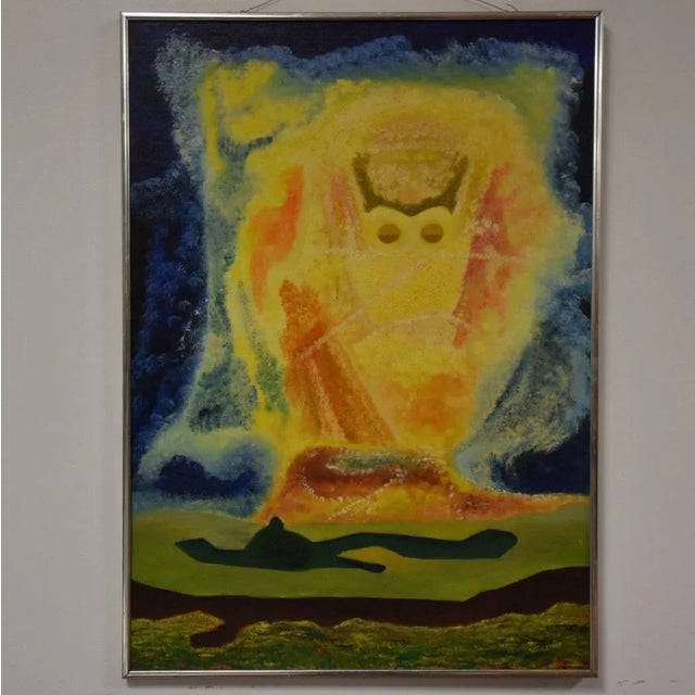 This original acrylic on board impressionist abstract painting is signed, from 1977 and is bordered by a chrome frame....