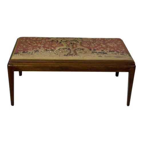 Mid-Century Modern Walnut Upholstered Bench With Intricate Tapestry