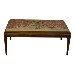 Mid-Century Modern Walnut Upholstered Bench With Intricate Tapestry