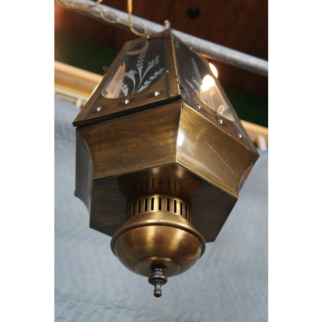 Mid 20th Century Vintage Brass Etched Glass Swag Pendant Light For Sale - Image 5 of 12