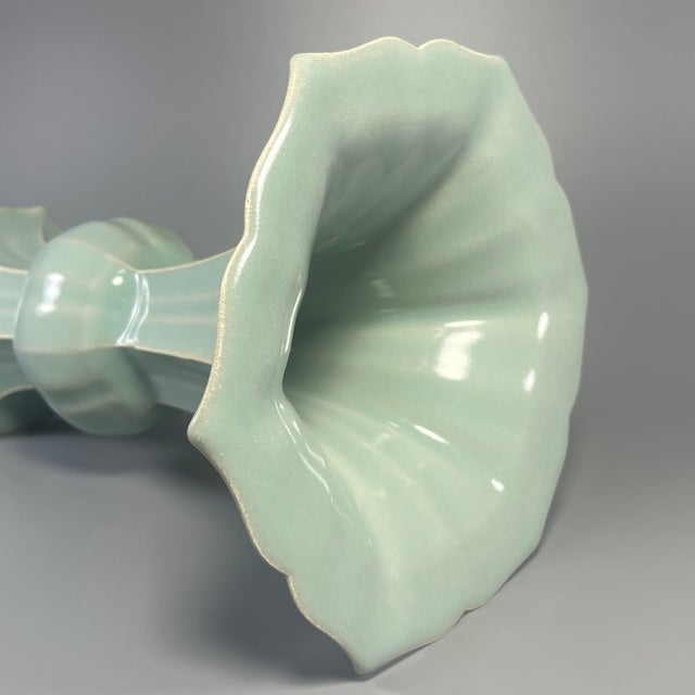 Vintage Chinese Longquan Pale Celadon Fluted Vase With Lobed Rim For Sale - Image 6 of 8