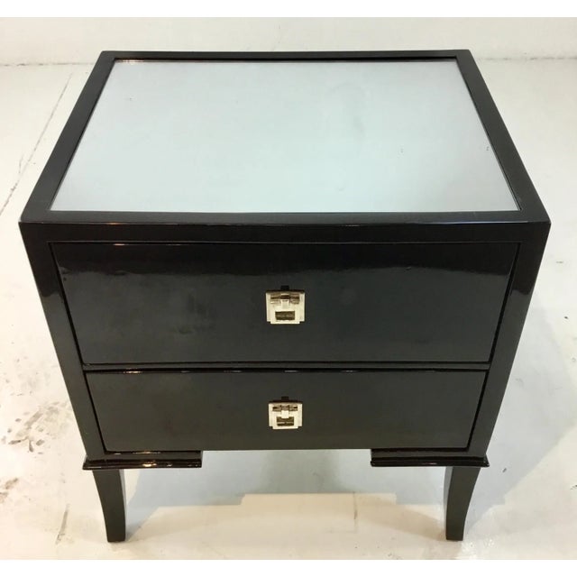 Stylish Modern Regina Andrew drop front metallic bronze lacquer nightstand, one drawer, silver pulls, showroom floor...