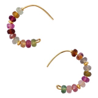 Rainbow Tourmaline Half Moon Earring 14k Gold Hoop-Set of 2 For Sale