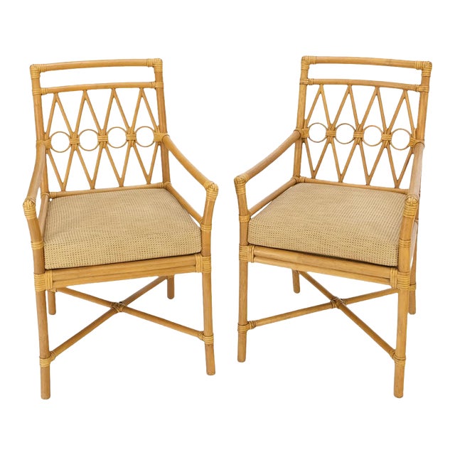 Pair Ficks Reed Blonde Rattan Leather Straps Design Armchairs Side