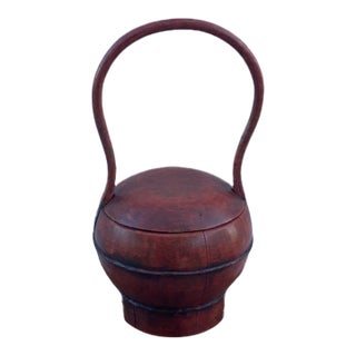 Antique Chinese Red Lacquered Wooden Wedding Basket With Dragonfly Lid Motif For Sale