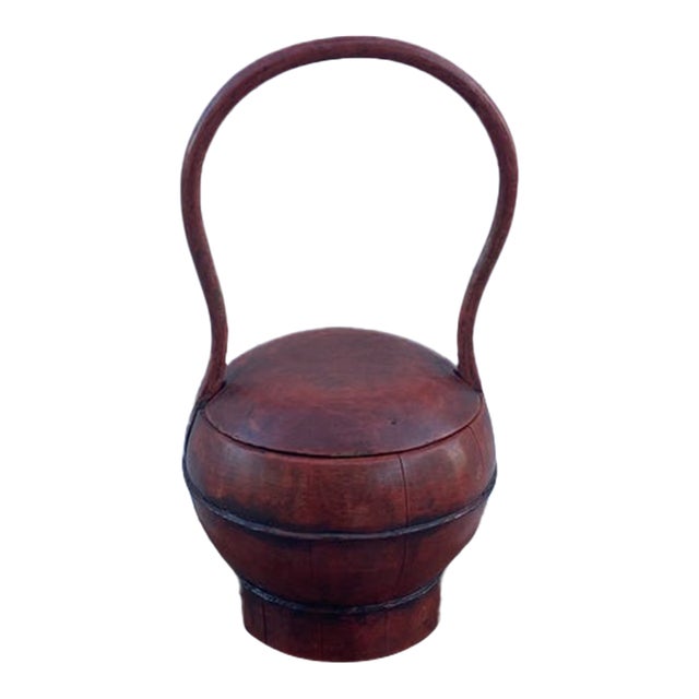 Antique Chinese Red Lacquered Wooden Wedding Basket With Dragonfly Lid Motif For Sale