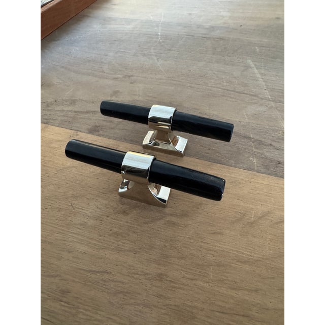 2010s Pair of Ochre Black Handles With Polished Nickel Detail For Sale - Image 5 of 9