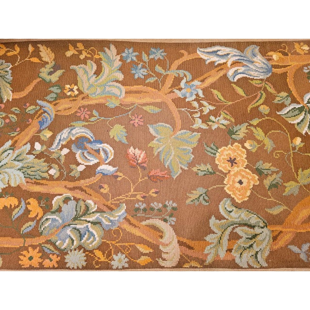 Vintage French Needlepoint Runner, Handwoven Wool, Tree of Life Pattern, Brown & Blue, 4’ X 15’ For Sale - Image 12 of 17