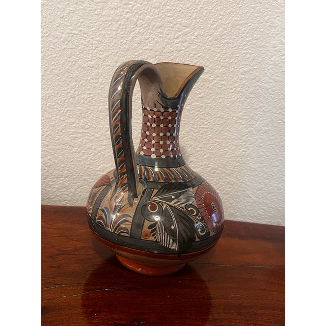 Mexican Vintage Tonalá Mexican Pottery Pitcher Vase With Handpainted Floral and Bird Motifs For Sale - Image 3 of 10