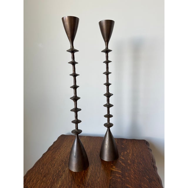 Large Vintage Brutalist Hand Forged Brass Candlesticks, 1960s, Set of 2 For Sale - Image 17 of 17