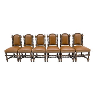 Antique Italian Neo-Renaissance Walnut and Leather Dining Chairs, 1890, Set of 6 For Sale