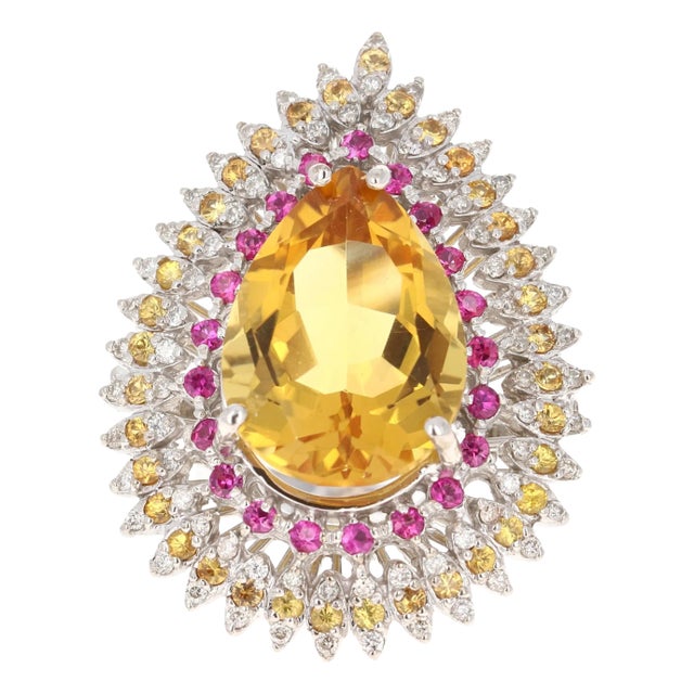 13.64 Carat Citrine Sapphire Diamond 14 Karat White Gold Cocktail Ring For Sale