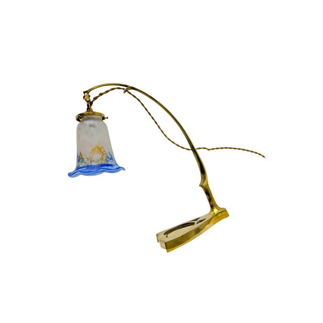 Metal Art Nouveau Brass Table Lamp with Glass Paste Lampshade, 1920s For Sale - Image 7 of 11