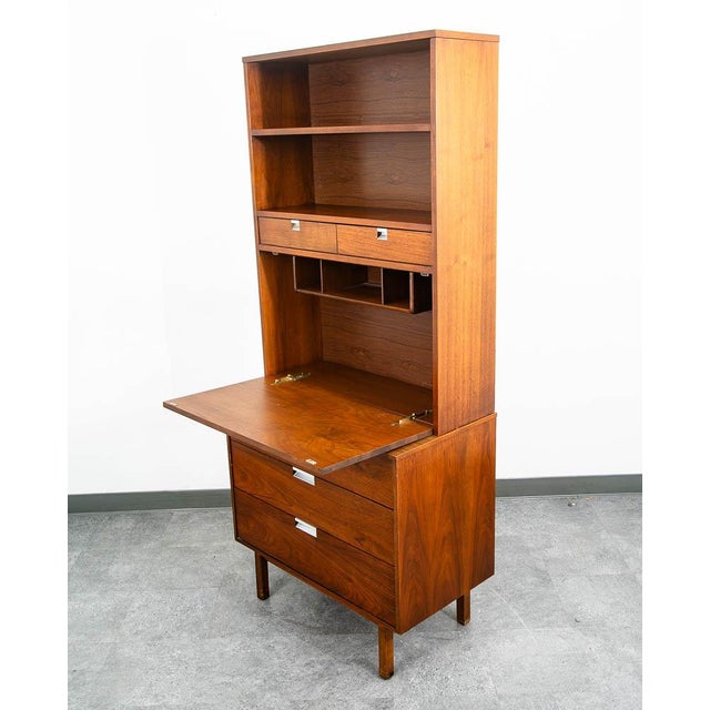 Mid Century Modern China Cabinet Hutch Bassett Walnut Drop Desk Vintage Drawers For Sale - Image 4 of 12