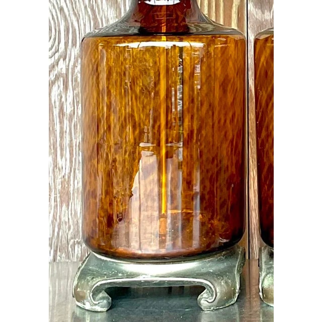 Vintage Regency Tortoise Glass Lamps on Brass Ming Plinths - a Pair For Sale In West Palm - Image 6 of 6