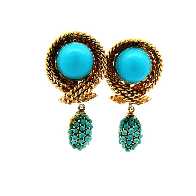 1970s Pair of Italian 14k Gold Turquoise Rope Motif Drop Earrings For Sale - Image 10 of 11