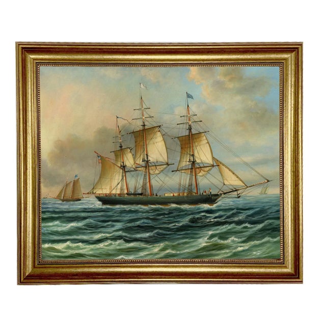 Traditional Baltimore Clipper Architect Framed Oil Painting Print on Canvas in Antiqued Gold Frame For Sale - Image 3 of 3