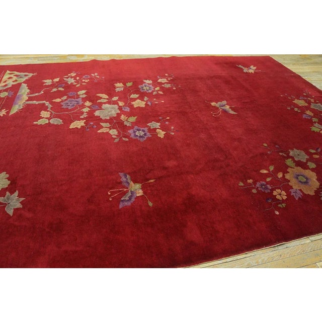 Textile 1920s Ruby Red Floral Antique Chinese Art Deco Carpet 9' X 12 Knotted Wool Rug For Sale - Image 7 of 10