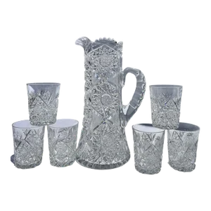Antique Crystal Champagne Pitcher With Tumblers Set of 7 American Brilliant Period Late 1800’s