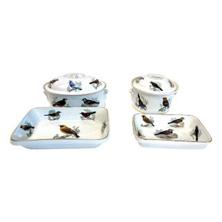 Early 20th Century Le Faune Birds Lourioux Fire Proof French Porcelain Casseroles - Set of 4 For Sale