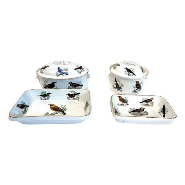 Early 20th Century Le Faune Birds Lourioux Fire Proof French Porcelain Casseroles - Set of 4 For Sale