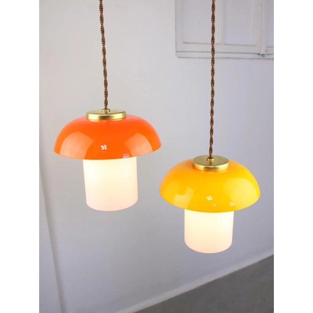 Glass Mid-Century Glass and Brass Mushroom Pendant Lamps, Set of 2 For Sale - Image 7 of 12