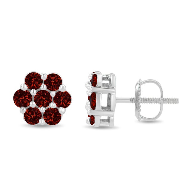 Elegantly set, these earrings stand out due to its striking design of treated red diamonds in a floral pattern. Round-cut...