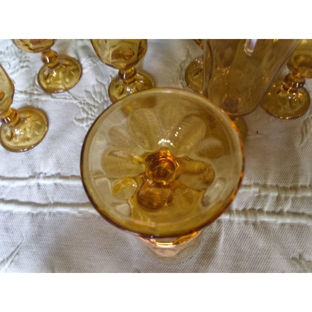 Vintage Mid-Century Amber Glass Water Pitcher & Tall Stemmed Goblets Rare 13-Piece Set For Sale - Image 4 of 6