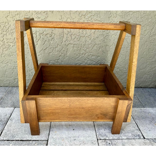 Brown Vintage Mid 20th Hand Crafted Wooden Storage Basket With Handle For Sale - Image 8 of 8