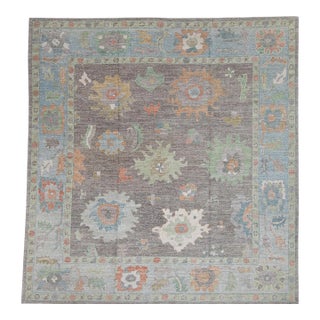 Turkish Oushak Rug Taupe With Multicolor Hand Knotted Wool Square Rug 12' X 12'7" For Sale