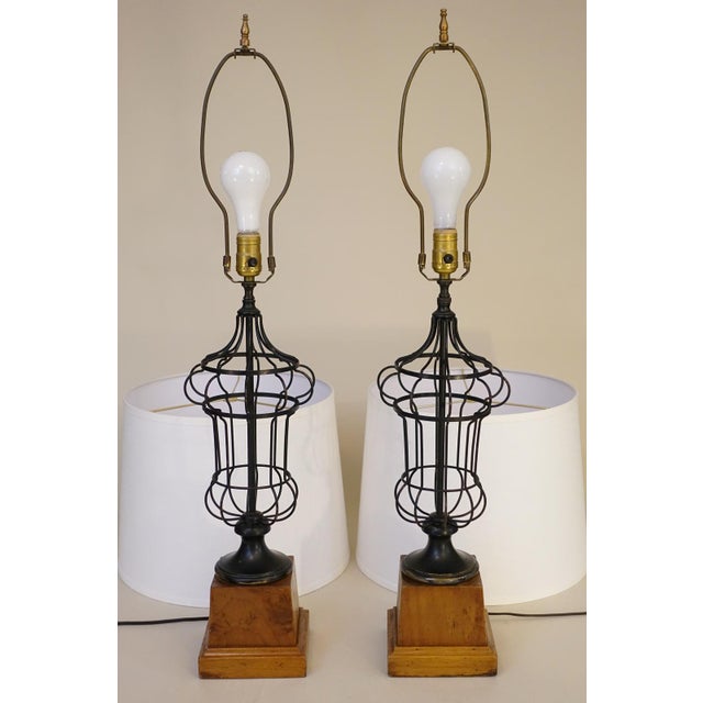 1930s French Empire Neoclassical Wire Urn Cage Brass Wood Table Lamps - a Pair For Sale - Image 10 of 11