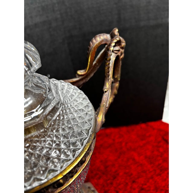 Pair of French Neoclassical Cut Crystal & Patinated Bronze Urn Lamps With Ram/Goat Head Handles For Sale - Image 9 of 12